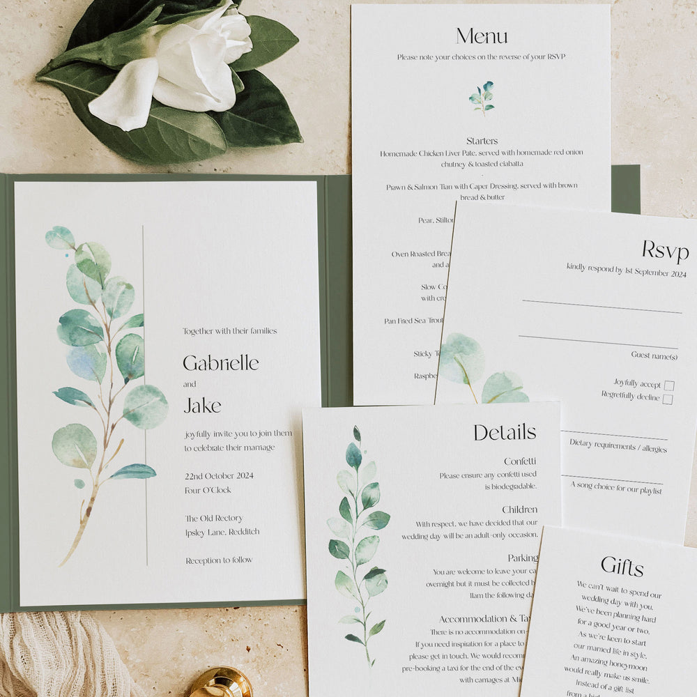 Green Eucalyptus Pocketfold Wedding Invitation Suite - Northwood Collection, Elle Bee Design
