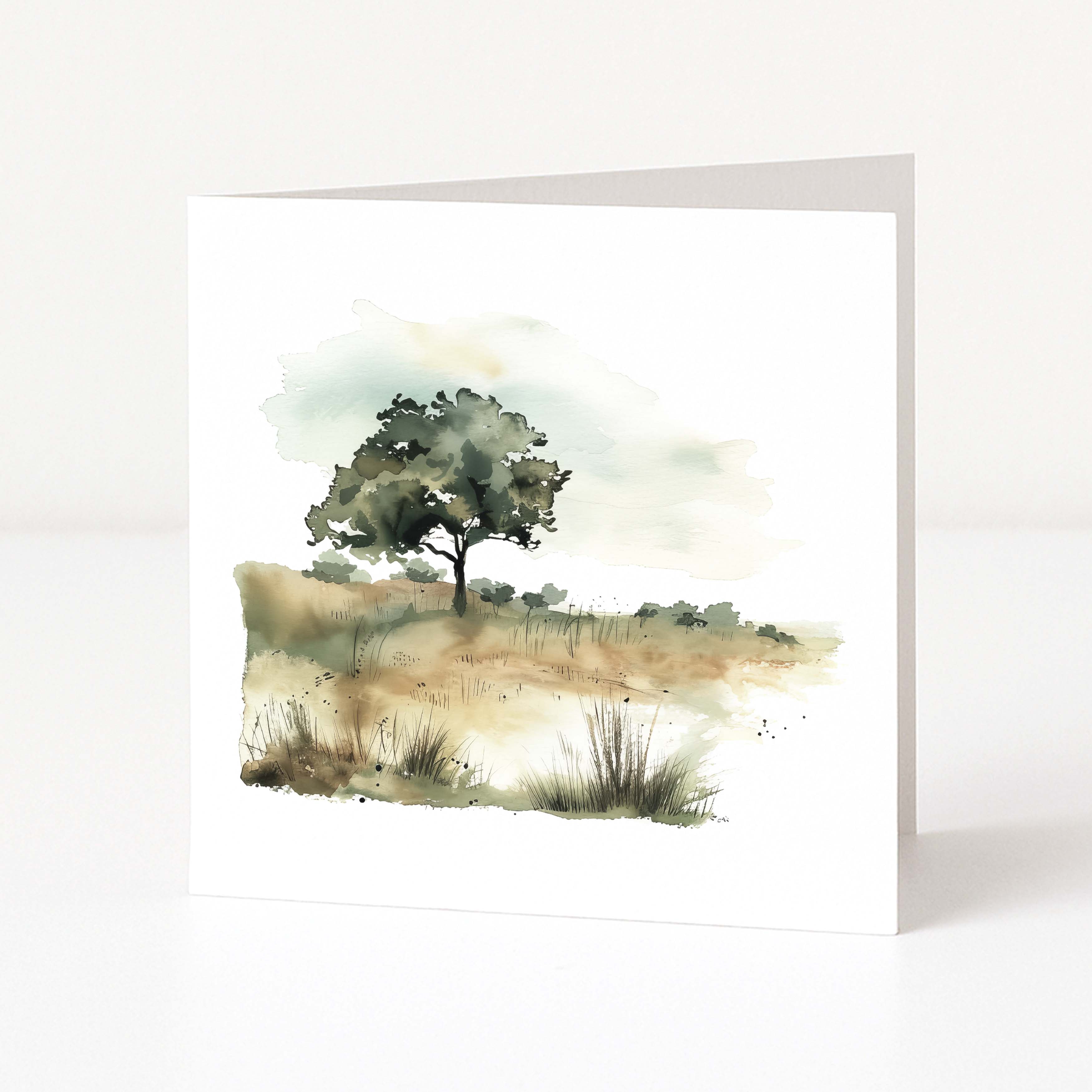 Greeting card with a watercolor landscape of a tree and field on a white background