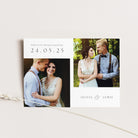 Wedding photo than you card card with couple photos in double aperture and date on a light background
