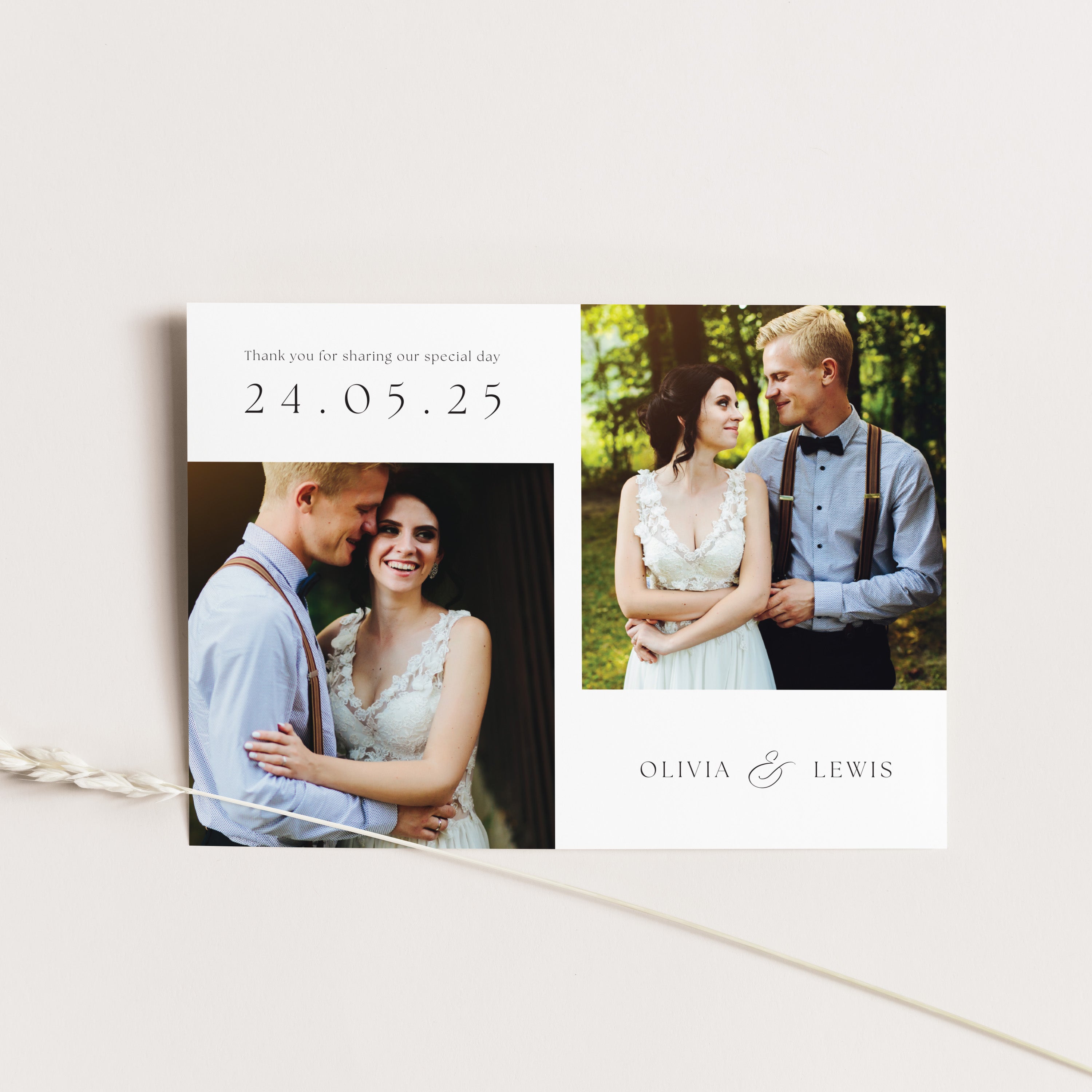 Wedding photo than you card card with couple photos in double aperture and date on a light background