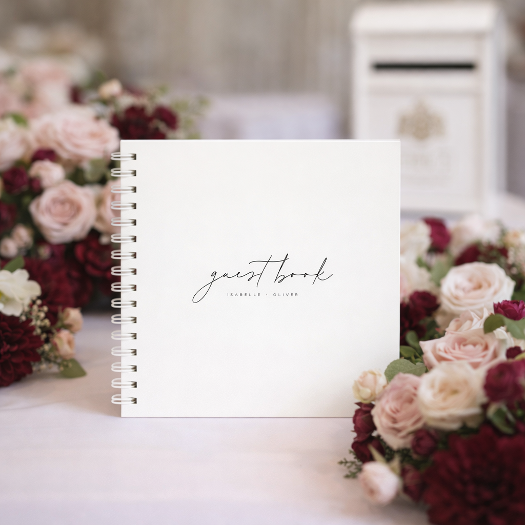 white guest book with white binder with burgundy and blush flowers