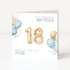 Birthday card for a brother with gold number 18 balloons on a white background