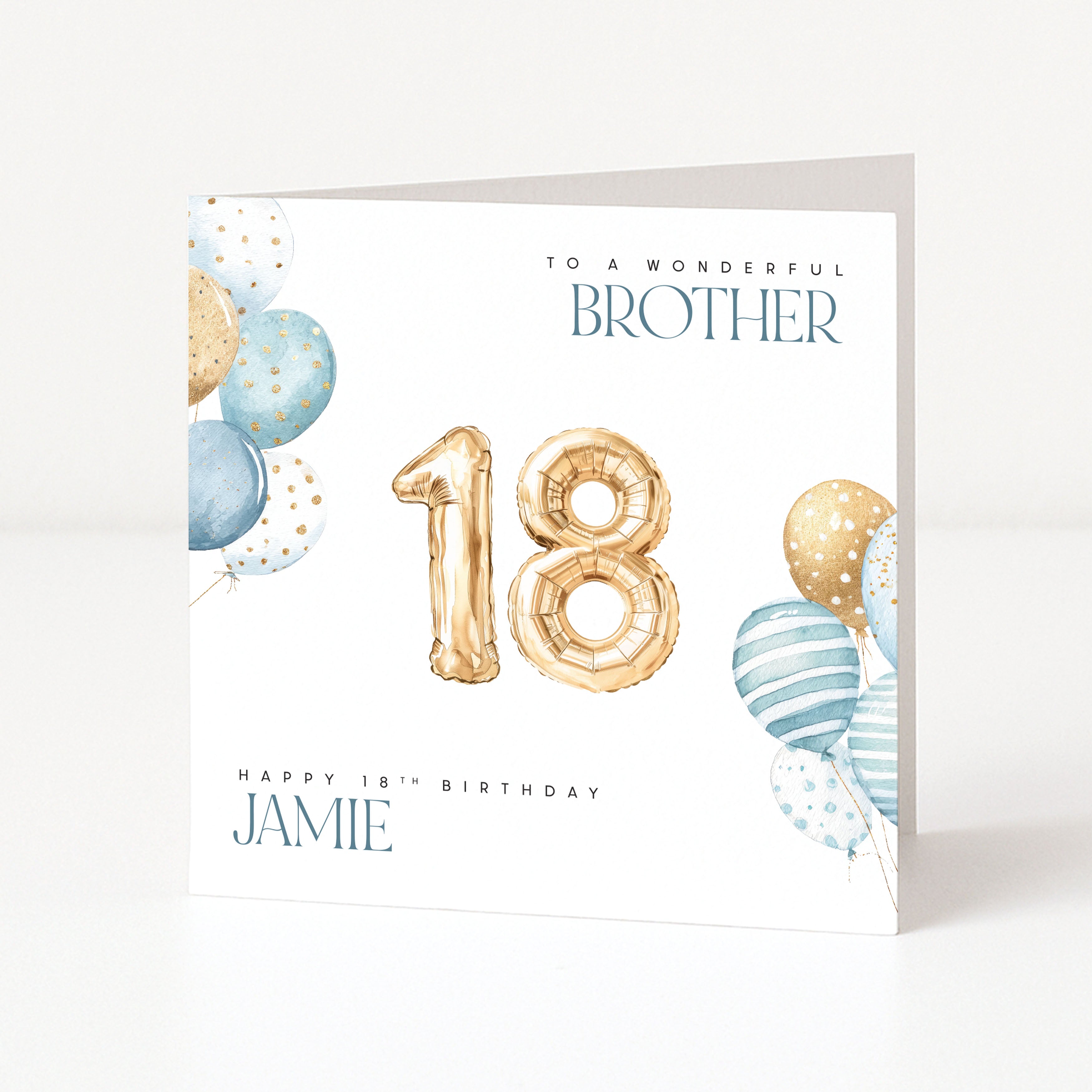 Birthday card for a brother with gold number 18 balloons on a white background