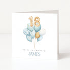 Birthday card with blue balloons, gold number 18, and 'Happy 18th Birthday James' text on a white background.