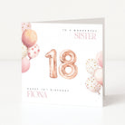 Greeting card with rose gold balloons and '18' for a 18th birthday celebration.