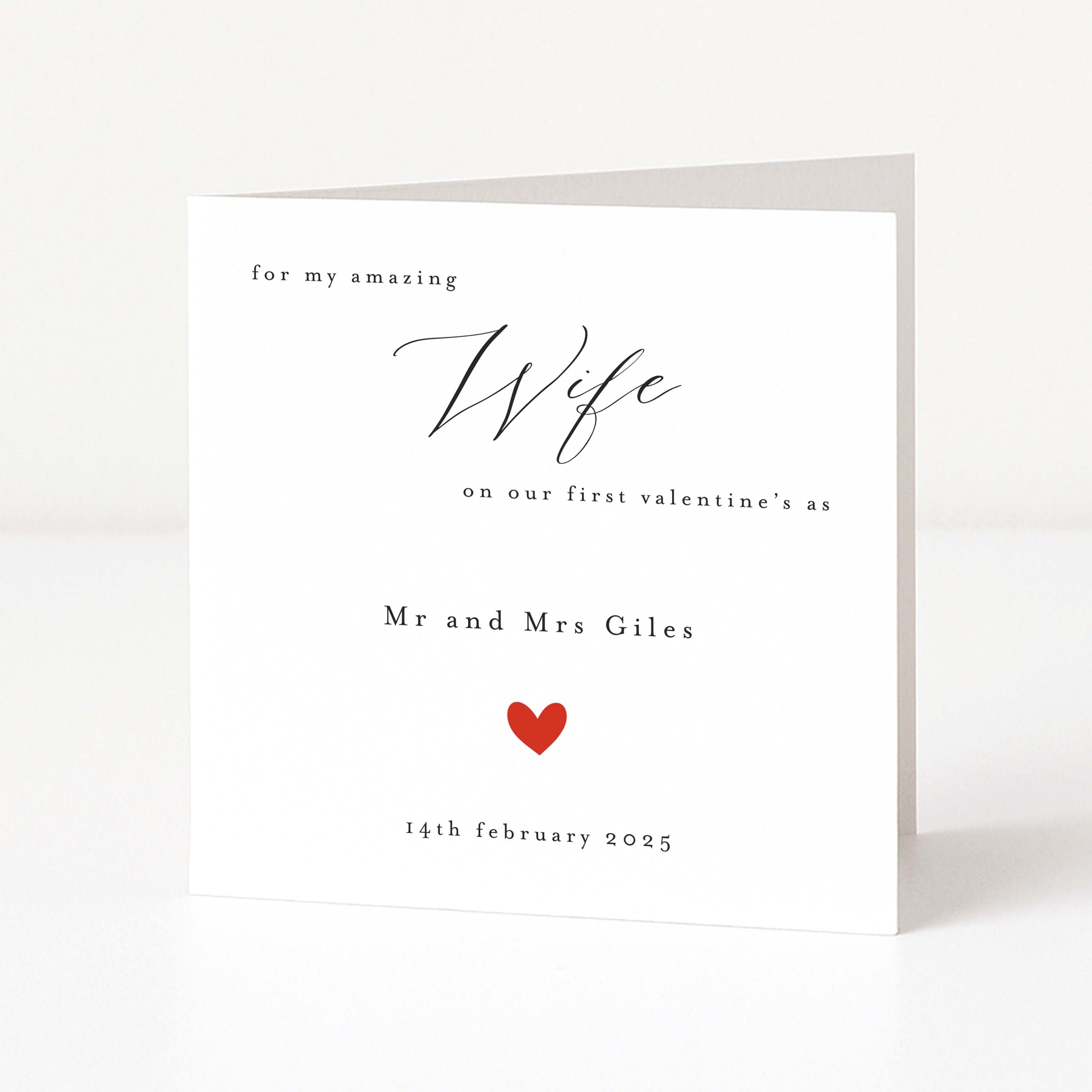 Valentine's Day card for an amazing wife with a red heart and personalized text on a white background
