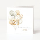 Greeting card with balloons and 'Happy 21st Birthday Amy' text on a white background