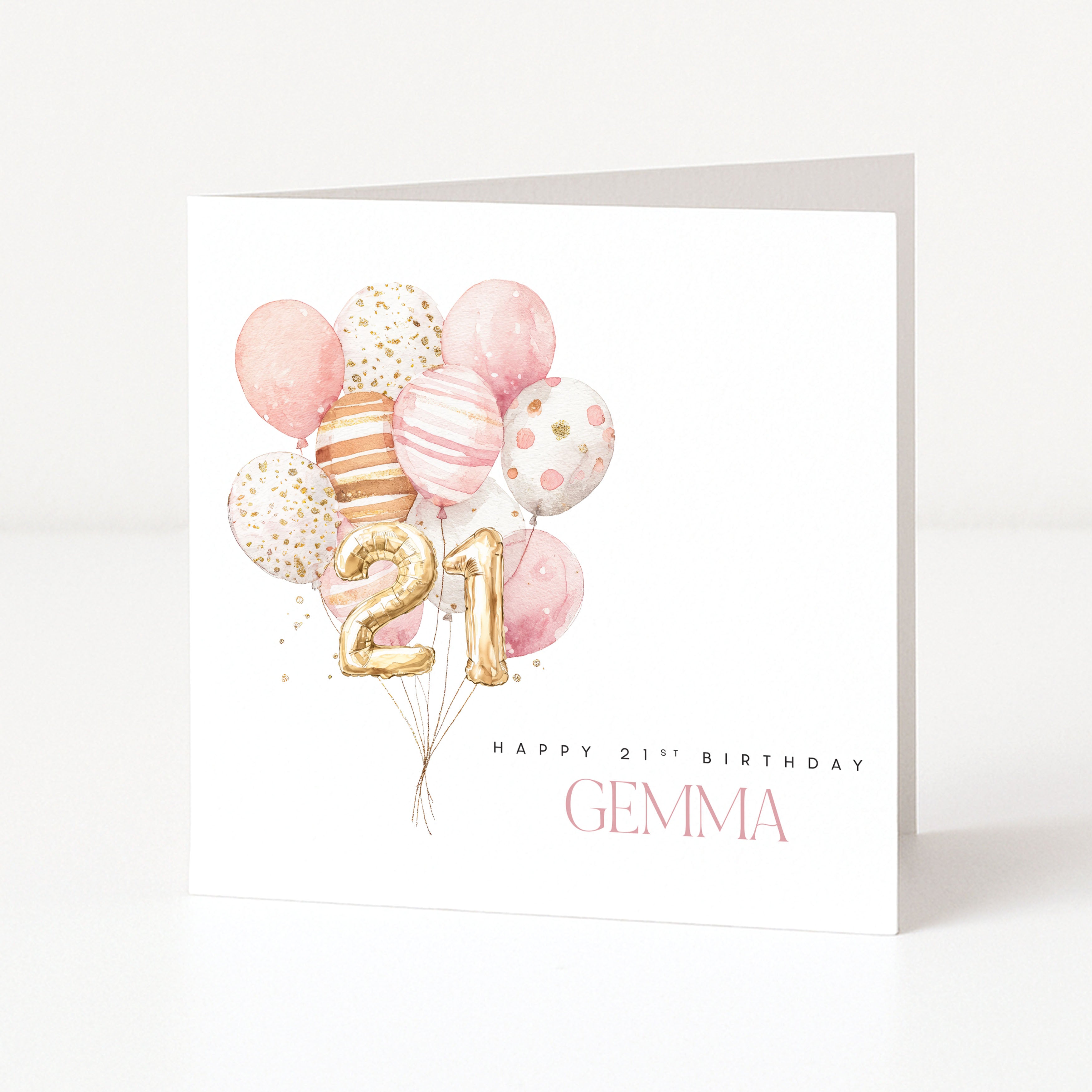 Birthday card with balloons and 'Happy 21st Birthday Gemma' text on a white background