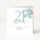 Birthday card with balloons and number 21 on a white background, featuring the recipient as nephew