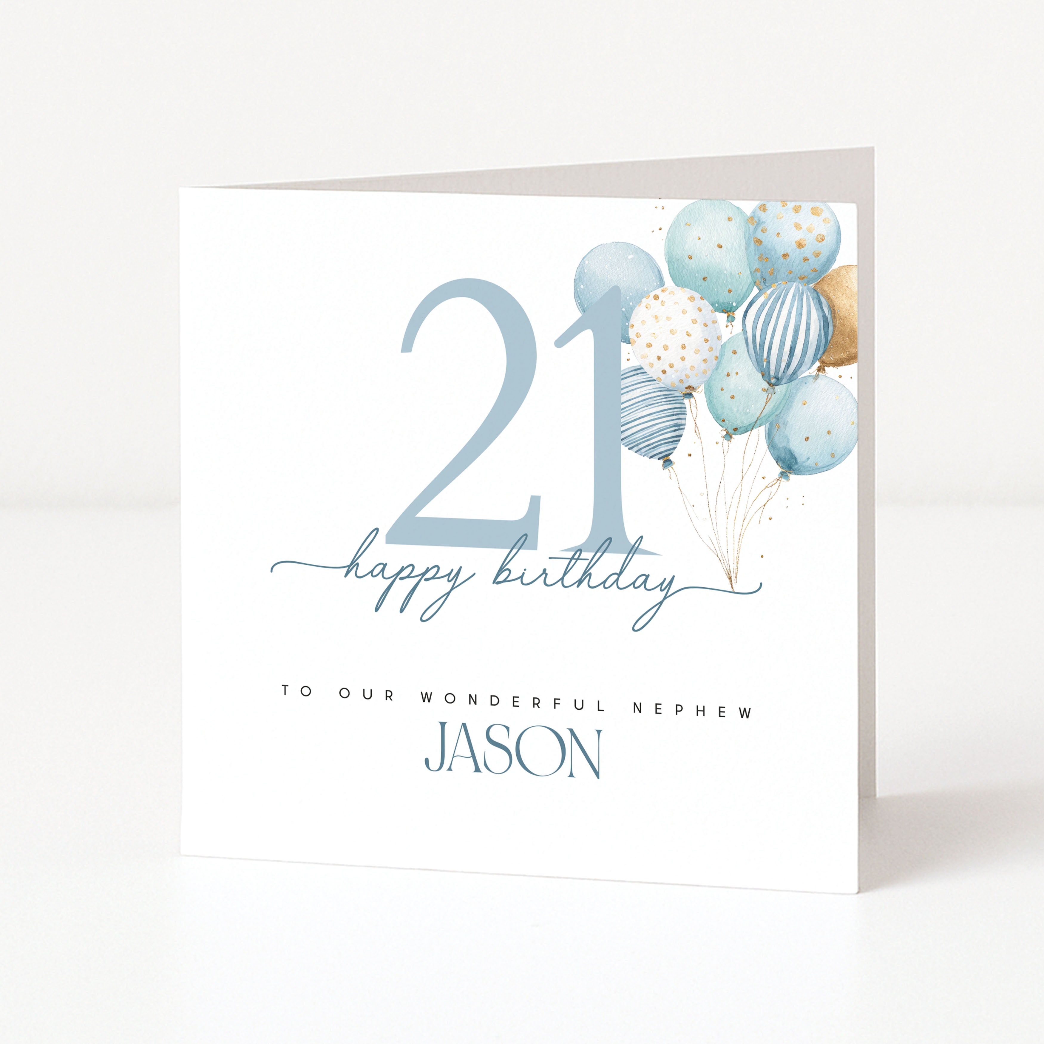 Birthday card with balloons and number 21 on a white background, featuring the recipient as nephew