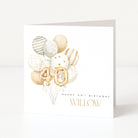 Personalised square 40th birthday card for her featuring a central cluster of watercolour patterned balloons with gold foil balloon digits forty layered on top and customisable front name text.