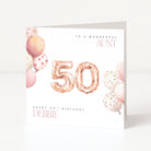 Personalised square 50th birthday card for an aunt featuring rose gold foil balloon number fifty graphics, pink watercolour balloons, and customisable front name text.