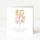 Personalised square 50th birthday card for her featuring a pink watercolour balloon bouquet cluster topped with gold foil balloon numbers fifty, and customisable front name text.
