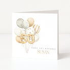 Personalised square 50th birthday card for her featuring a neutral cream and gold watercolour balloon cluster topped with gold foil balloon numbers fifty, and customisable front name text.