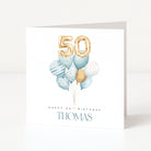 Personalised square 50th birthday card for him featuring a blue watercolour balloon bunch topped with gold foil balloon numbers fifty, and customisable front name text.