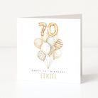Personalised 70th birthday card for Edith featuring gold 70 number balloons and a neutral balloon bouquet.