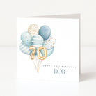 Personalised 70th birthday card for Bob with blue watercolour balloons and gold 70 number balloons.