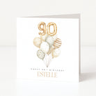 Personalised 90th birthday card with gold 90 balloons, neutral watercolour balloon bouquet and name Estelle