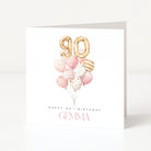 Personalised 90th birthday card for her with gold 90 balloons, pink watercolour balloon bouquet and name Gemma