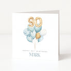 Personalised 90th birthday card for him with gold 90 balloons, blue watercolour balloon bouquet and name Mark