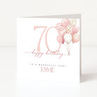Personalised aunt 70th birthday card for Esme with a large pink 70 and pink watercolour balloon bouquet.