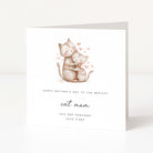 Greeting card with two cats hugging and hearts, text 'Happy Mother's Day to the bestest cat mum', on a white background.