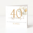 Personalised square 40th birthday card for a daughter-in-law featuring a large gold line-art number forty, floating watercolor balloons, and customisable front name text.
