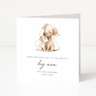 Greeting card with two puppies and hearts on a white background