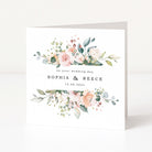 pink and white floral wedding date card with on your wedding day on the front