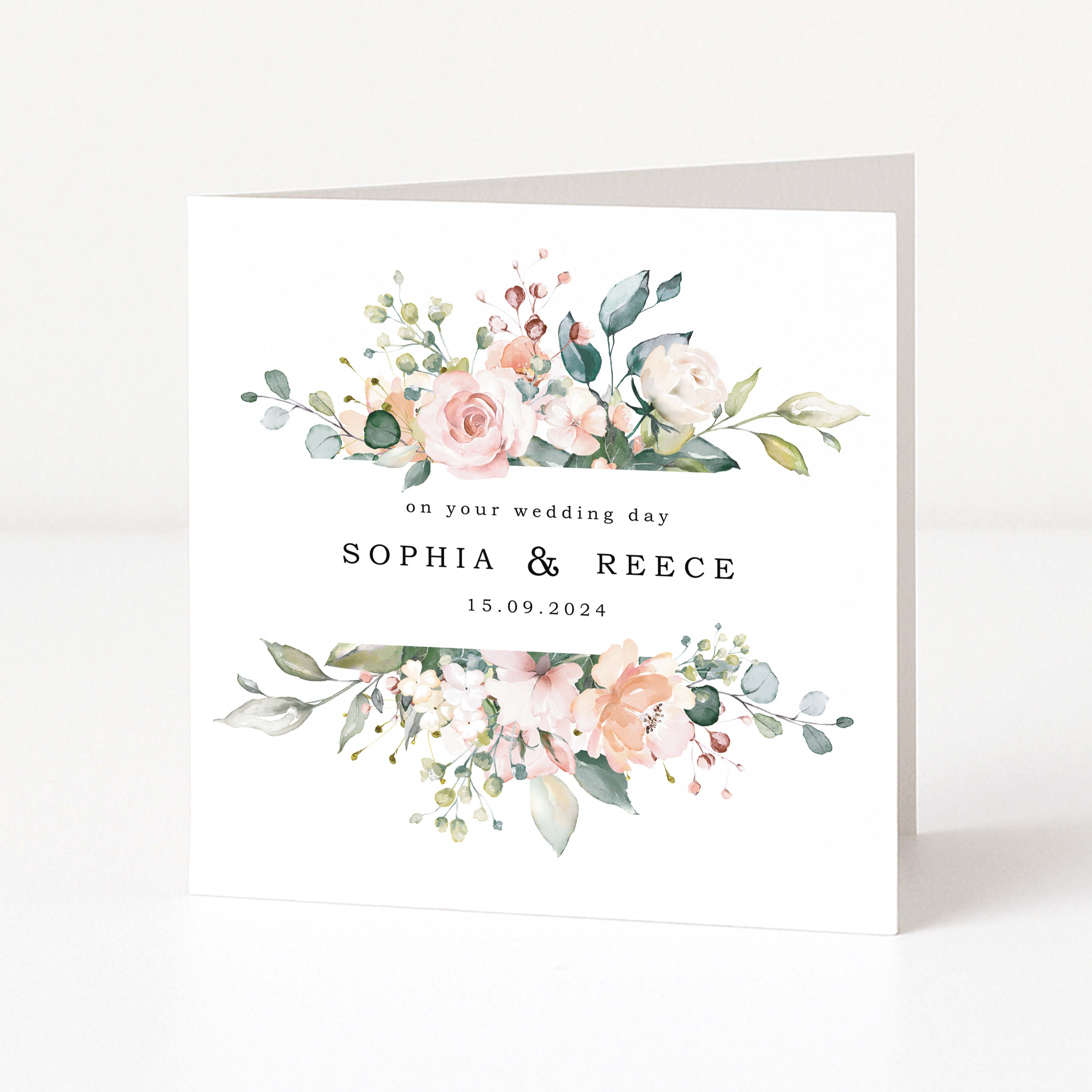 pink and white floral wedding date card with on your wedding day on the front