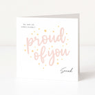 Greeting card with 'proud of you' text on a white background