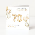 Personalised 70th birthday card for Grandma with gold number balloons, neutral balloons and the name Beatrice.