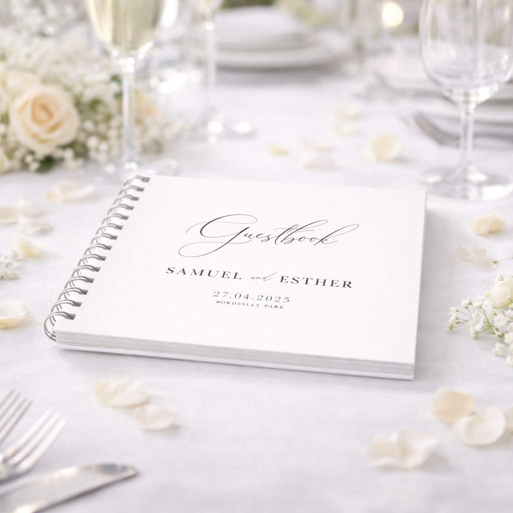 Guestbook with personalized text on a table setting with flowers and cutlery