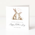 Greeting card with two bunnies and 'Happy Mother's Day' text on a white background