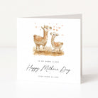 Mother's Day card with llamas and hearts on a white background