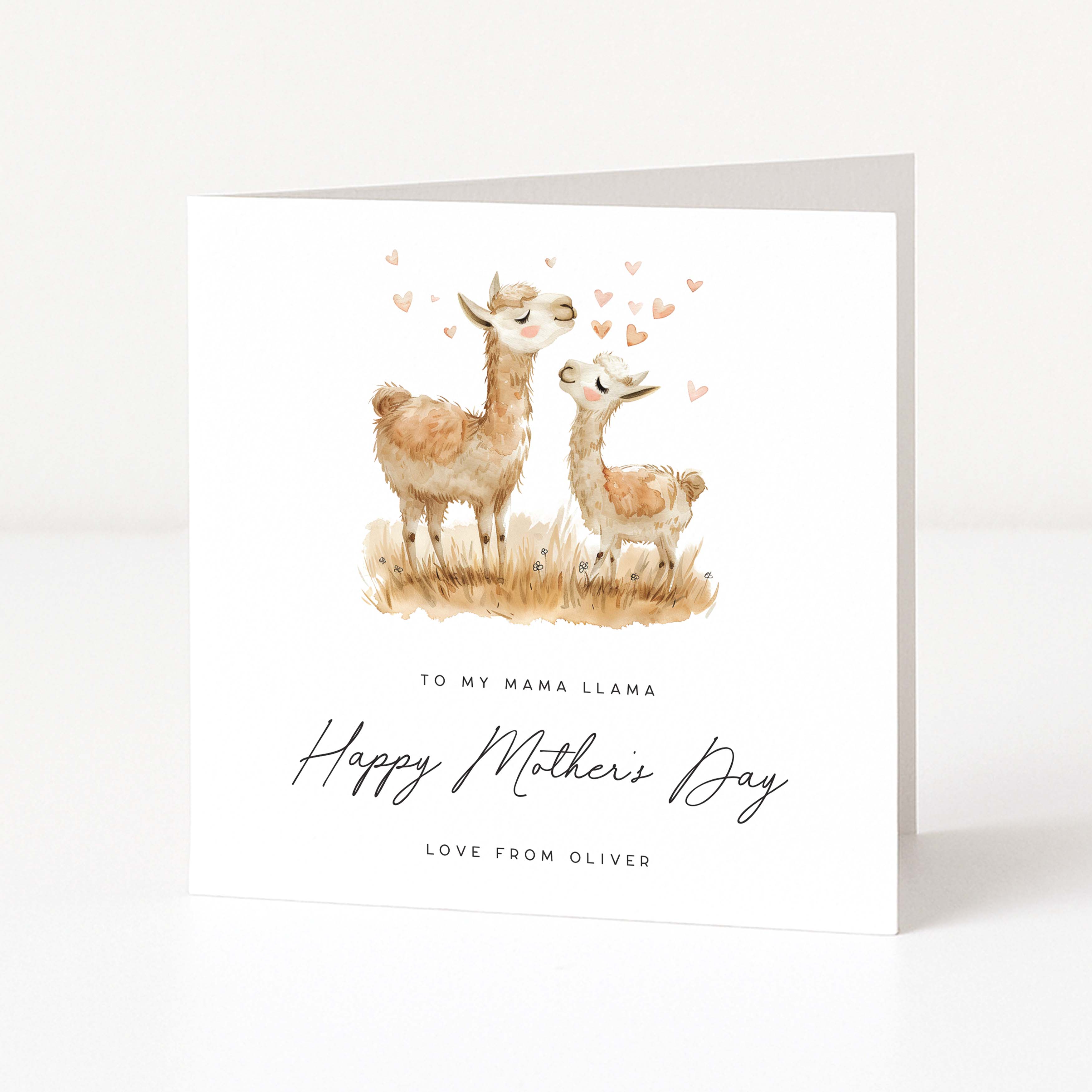 Mother's Day card with llamas and hearts on a white background