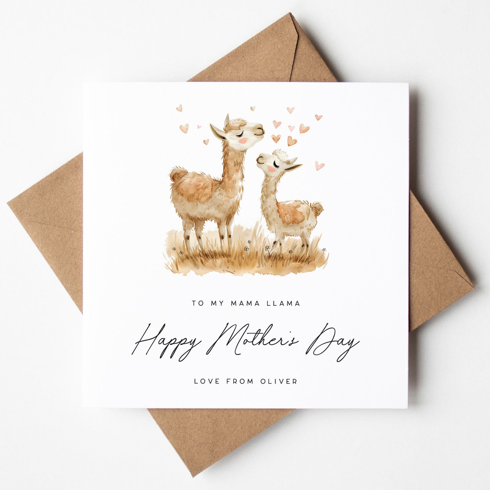 Mother's Day card with llamas and a brown envelope on a white background
