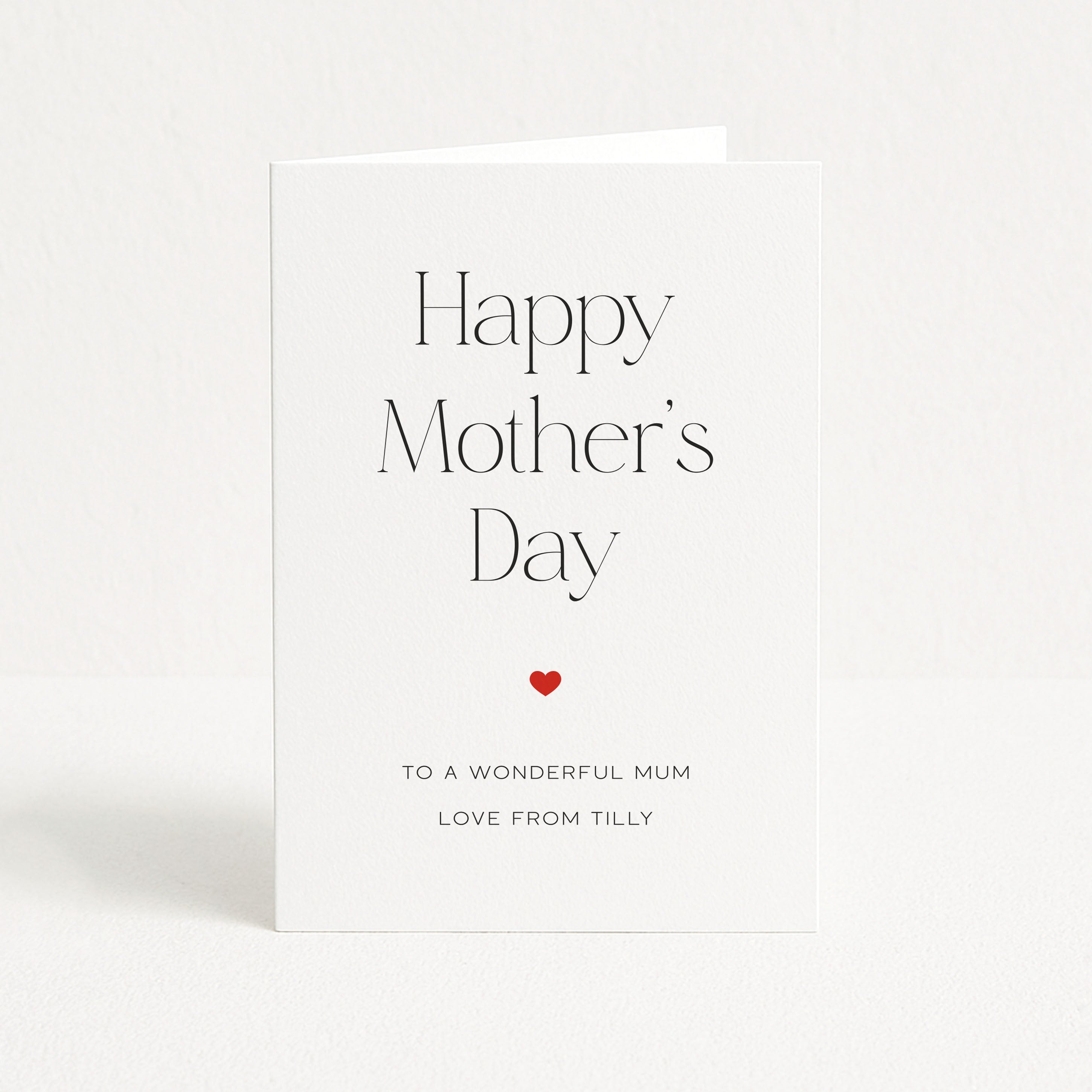 Mother's Day card with 'Happy Mother's Day' text and a heart symbol on a white background