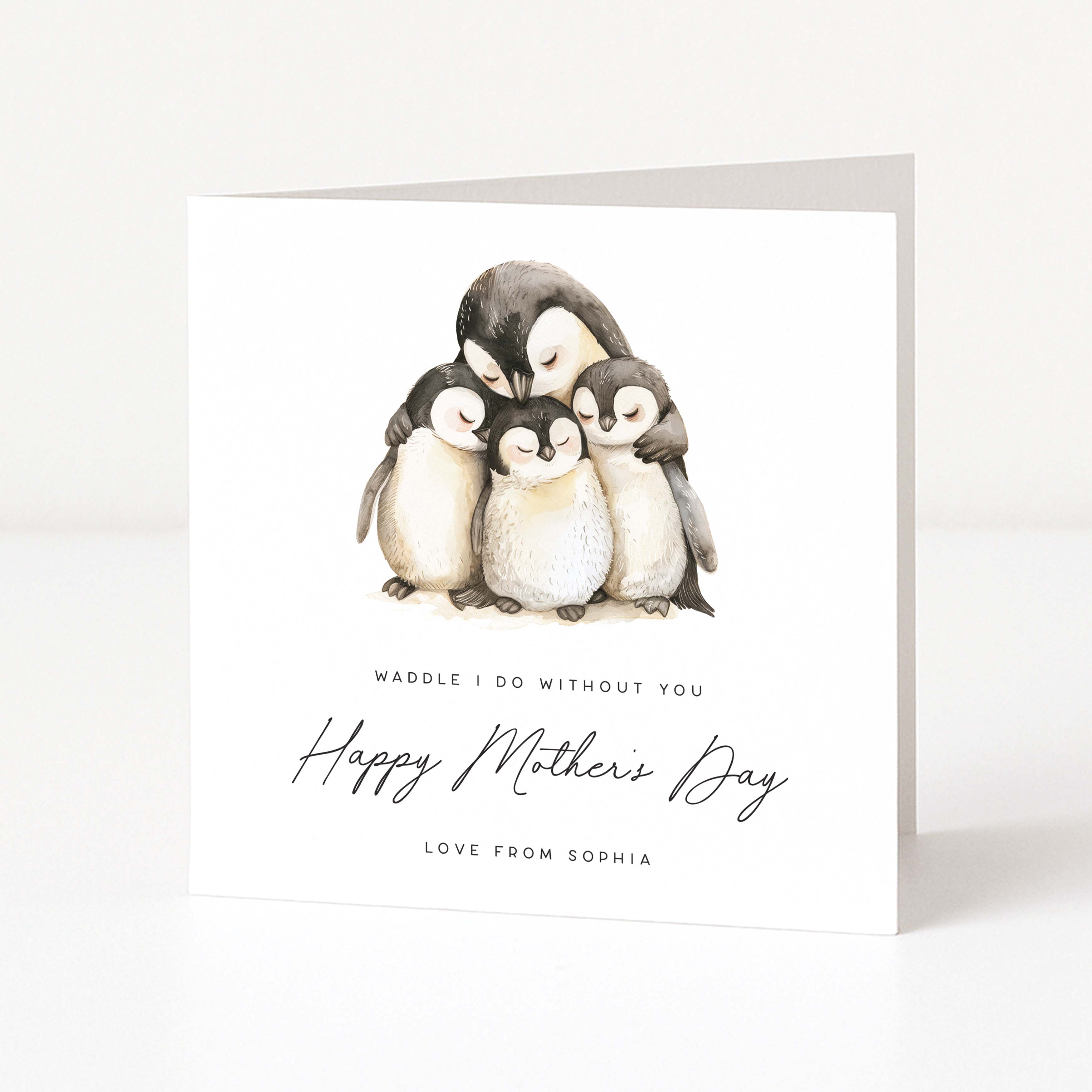 Mother's Day card with penguin illustration and text on a white background