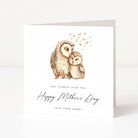 Greeting card with illustration of two owls and 'Happy Mother's Day' text on a white background