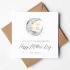 Mother's Day card with a moon and star illustration and brown envelope on a white background