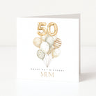 Personalised square 50th birthday card for Mum featuring metallic gold foil balloon number fifty graphics, cream and gold watercolor balloons, and customisable front name text.