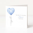 Greeting card with blue heart and text 'It's a boy! Welcome to the world Oliver 08.08.2023' on a white background