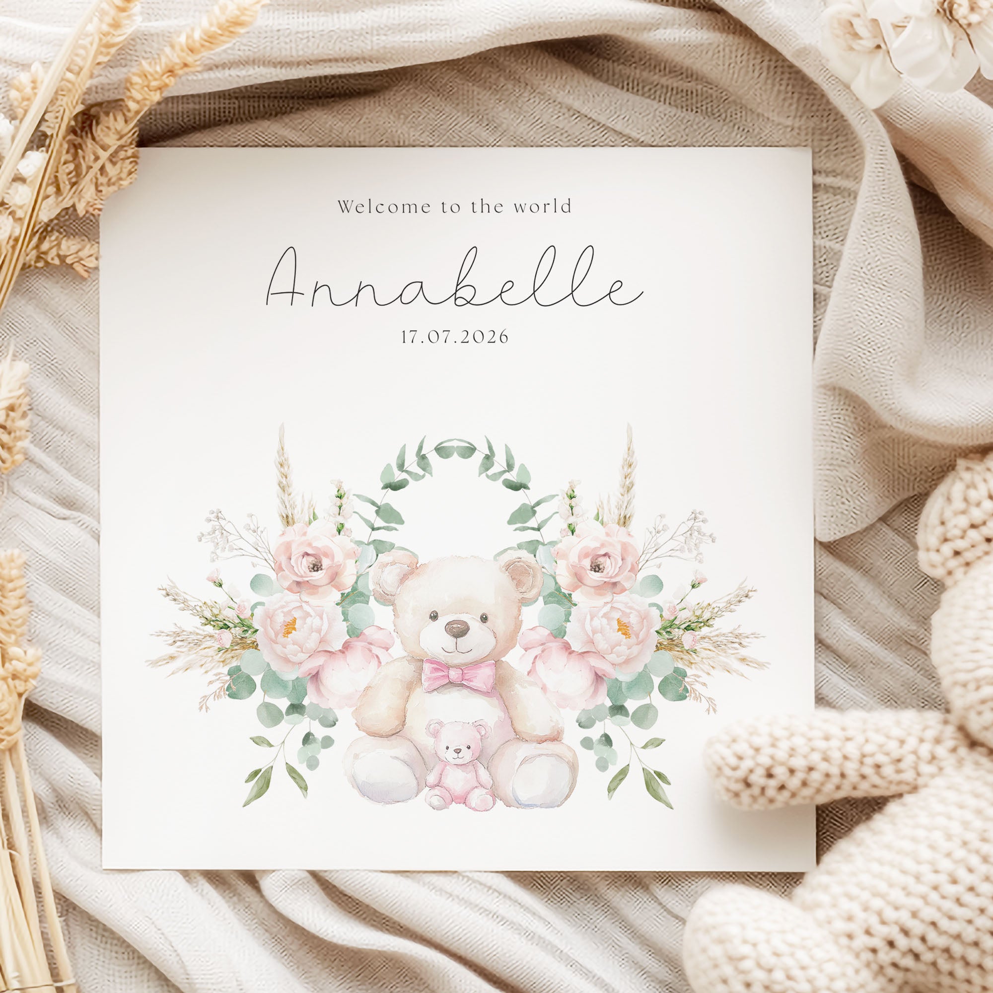 New Baby Girl Card with teddy bears and flowers on a textured fabric background