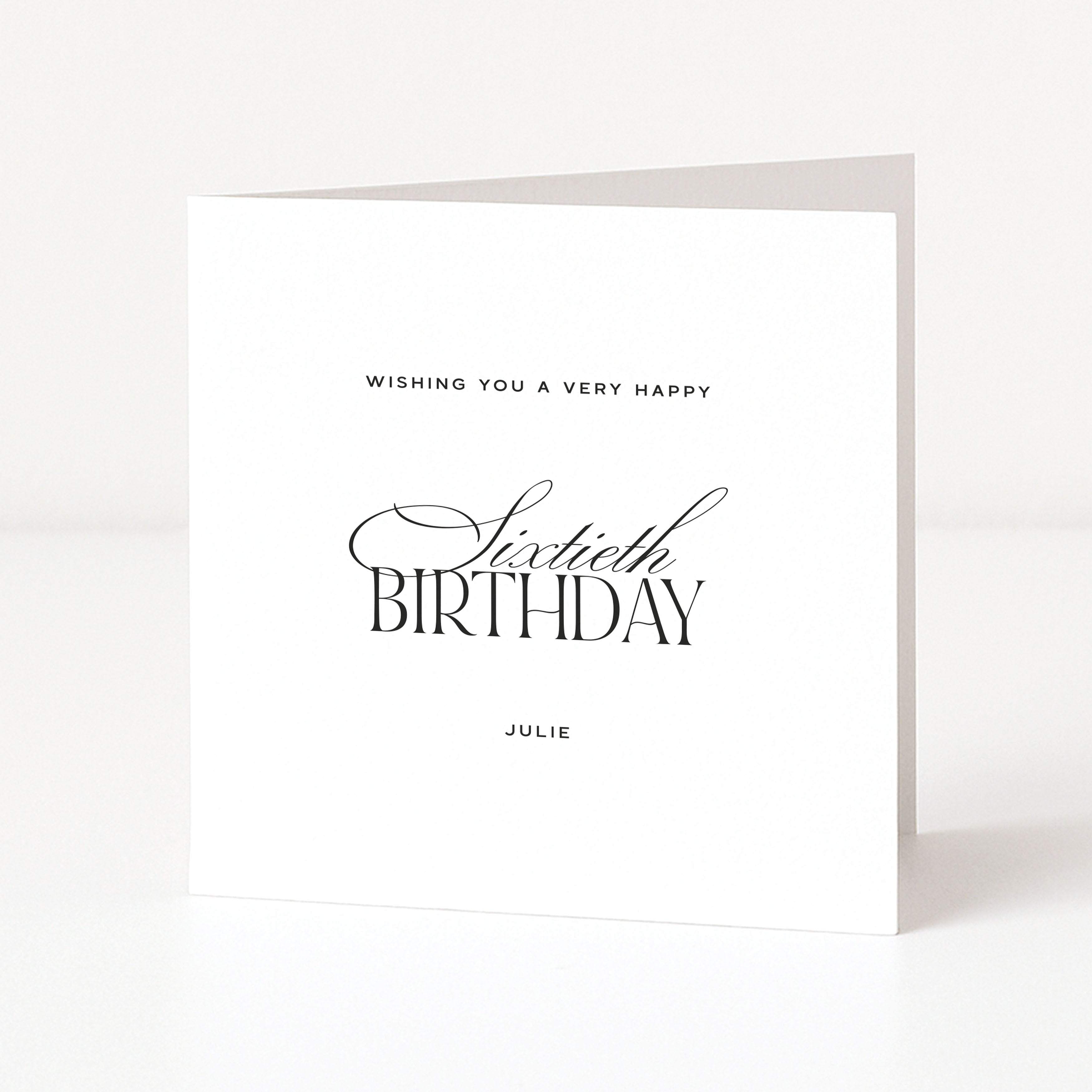 Personalised 60th birthday card with custom name, featuring “Sixtieth Birthday” in black script and serif typography on a white background.