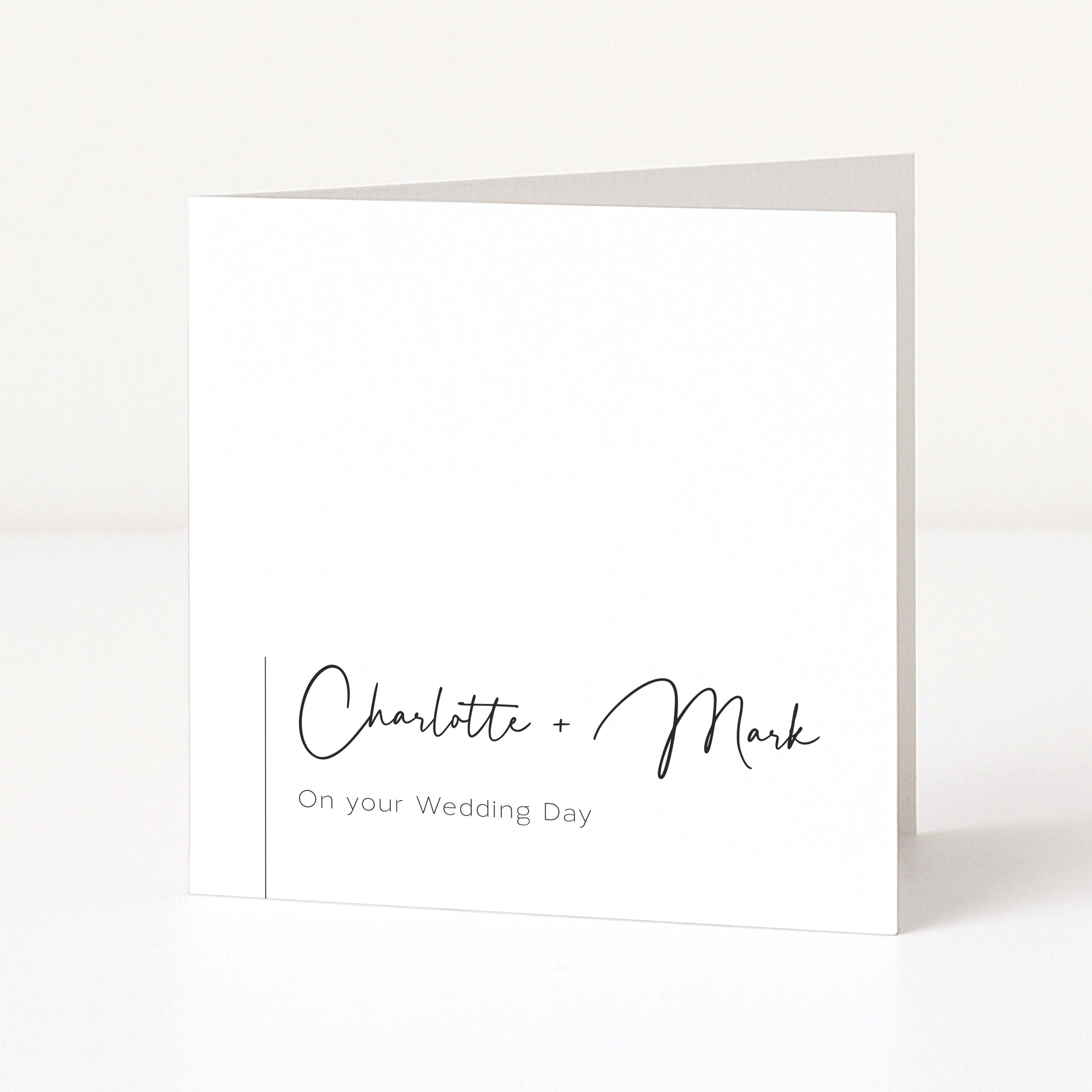 White card with black text 'Charlotte + Mark On your Wedding Day' on a white background