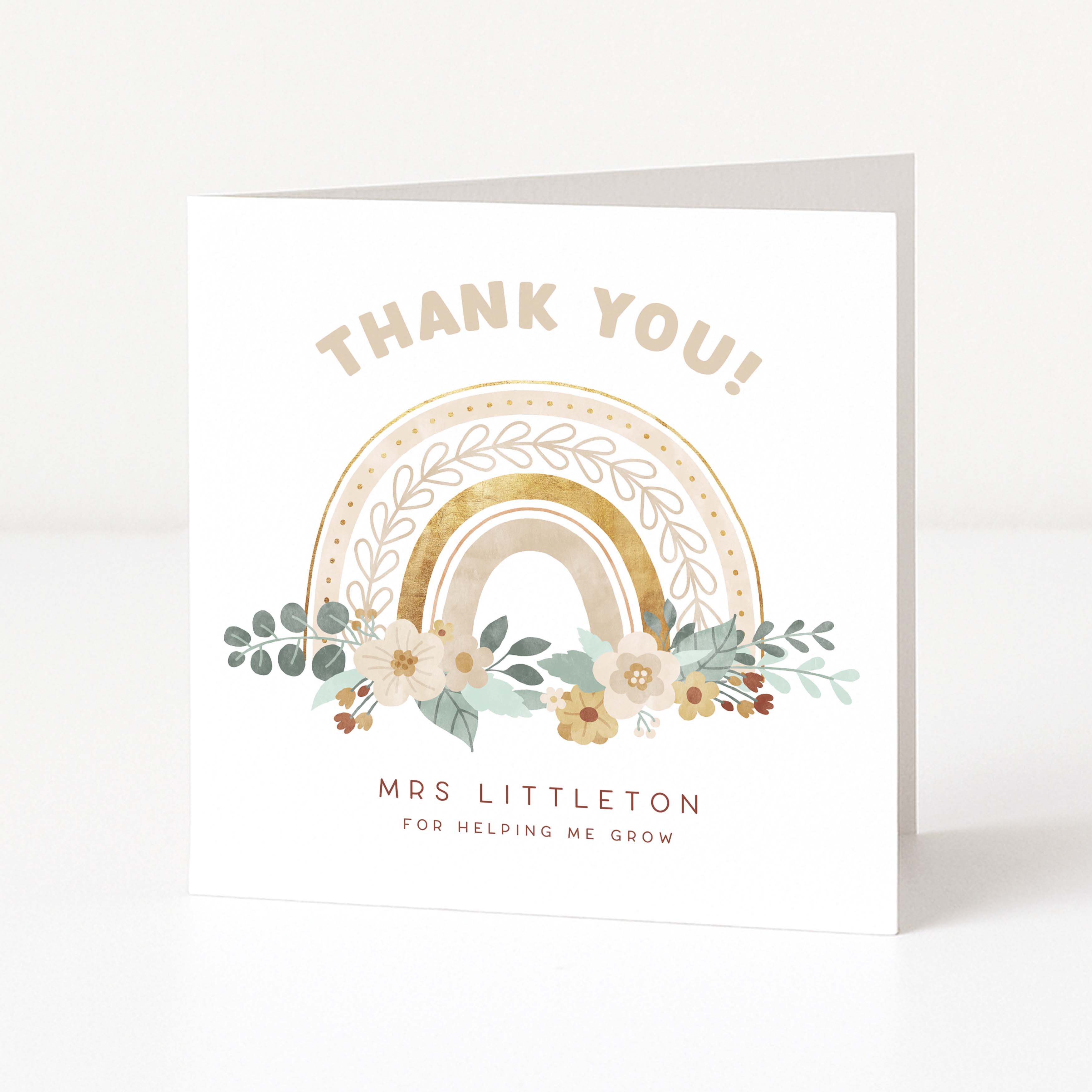 Greeting card with floral design and 'Thank You' message on a white background