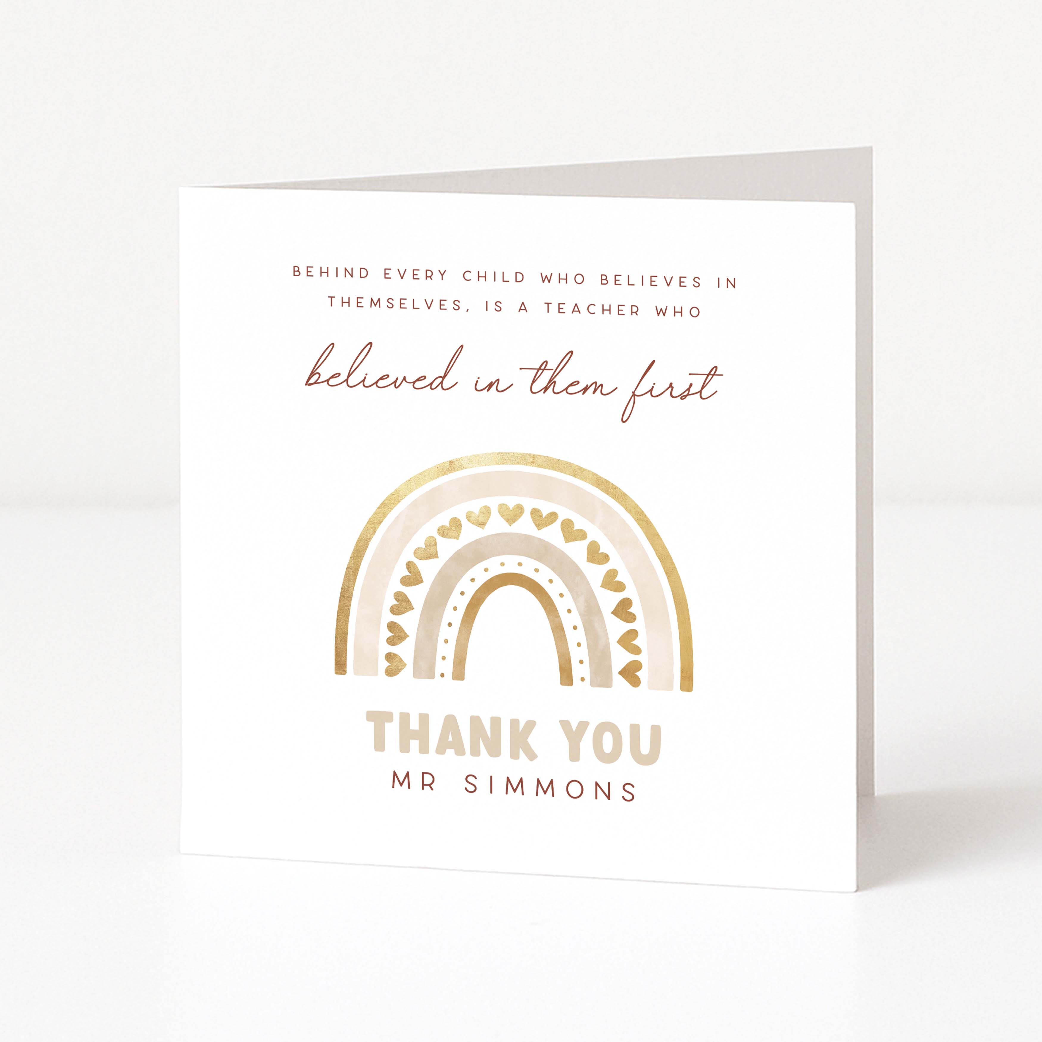 Greeting card with rainbow design and personalized text on a white background
