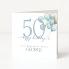 Personalised square 50th birthday card for an uncle featuring a large blue line-art number fifty, blue watercolour balloons, and customisable front name text.