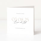 White card with gold text 'Congratulations 03.08.25 Lauren and Josh on your wedding day' on a white background